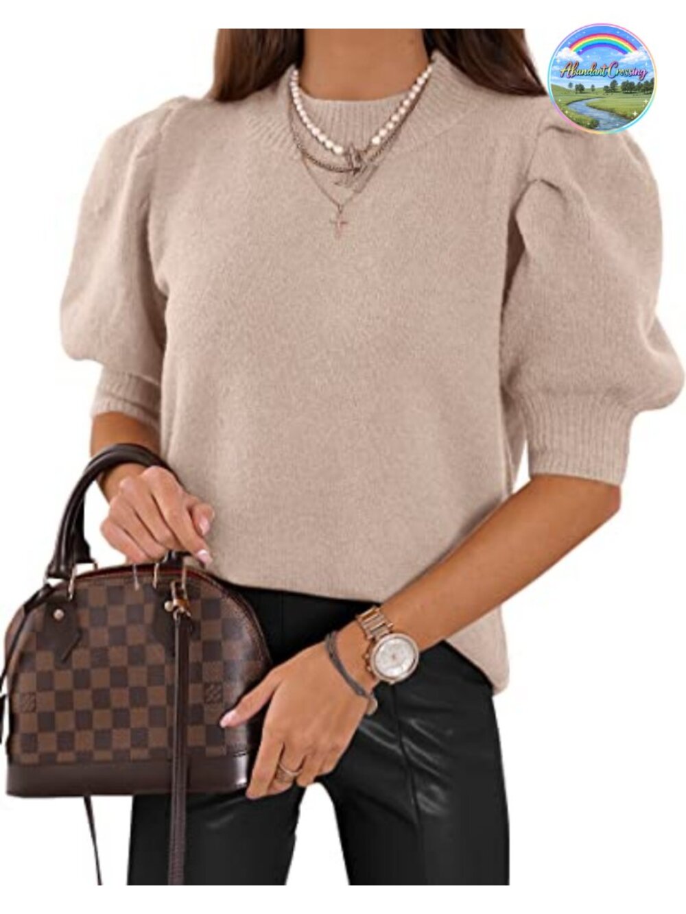 Puff Short Sleeve Knit Crew Neck Casual Sweater Top for Women